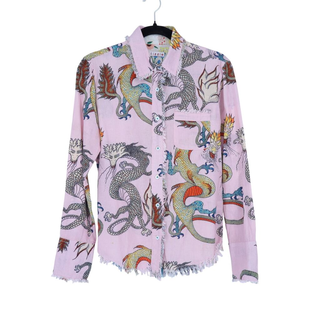 TIZZIE DIZZY LIZZIE Cape Cod Tunic Shirt Pink Ground Dragon Button Up Women's S